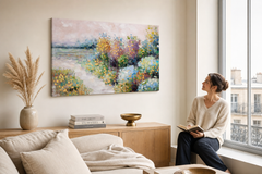 Maľovaný obraz na stenu LÚKA 90x60 cm – ručne maľovaný obraz v elegantnom interiéri (Window reading) | wall mockup | premium canvas | Papilora.sk