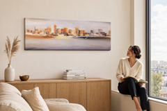 Maľovaný obraz na stenu MESTO 120x40 cm – ručne maľovaný obraz v elegantnom interiéri (Window reading) | wall mockup | premium canvas | Papilora.sk