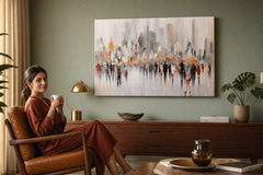 Maľovaný obraz na stenu MESTO 120x80 cm – ručne maľovaný obraz v elegantnom interiéri (Mid-century warm) | wall mockup | premium canvas | Papilora.sk