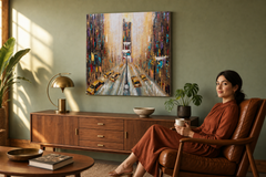 Maľovaný obraz na stenu MESTO 70x70 cm – ručne maľovaný obraz v elegantnom interiéri (Mid-century warm) | wall mockup | premium canvas | Papilora.sk