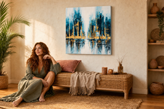 Maľovaný obraz na stenu MESTO 70x70 cm – ručne maľovaný obraz v elegantnom interiéri (Bohemian warm) | wall mockup | premium canvas | Papilora.sk