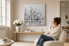 Maľovaný obraz na stenu MESTO 75x75 cm – ručne maľovaný obraz v elegantnom interiéri (Scandi cream) | wall mockup | premium canvas | Papilora.sk
