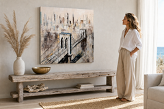 Maľovaný obraz na stenu MESTO 80x80 cm – ručne maľovaný obraz v elegantnom interiéri (Modern coastal) | wall mockup | premium canvas | Papilora.sk