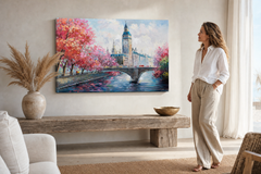 Maľovaný obraz na stenu MESTO 90x60 cm – ručne maľovaný obraz v elegantnom interiéri (Modern coastal) | wall mockup | premium canvas | Papilora.sk