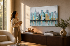 Maľovaný obraz na stenu MESTO 90x60 cm – ručne maľovaný obraz v elegantnom interiéri (Golden hour luxe) | wall mockup | premium canvas | Papilora.sk