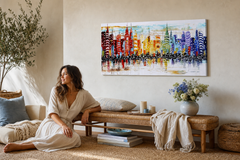 Maľovaný obraz na stenu MESTO – ručne maľovaný obraz v elegantnom interiéri (Bohemian warm) | wall mockup | premium canvas | Papilora.sk