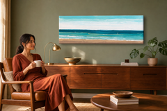 Maľovaný obraz na stenu MORE 150x50 cm – ručne maľovaný obraz v elegantnom interiéri (Mid-century warm) | wall mockup | premium canvas | Papilora.sk
