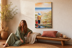 Maľovaný obraz na stenu MORE 60x90 cm – ručne maľovaný obraz v elegantnom interiéri (Bohemian warm) | wall mockup | premium canvas | Papilora.sk