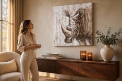 Maľovaný obraz na stenu NOSOROŽEC 70x70 cm – ručne maľovaný obraz v elegantnom interiéri (Golden hour luxe) | wall mockup | premium canvas | Papilora.sk