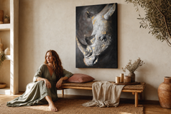 Maľovaný obraz na stenu NOSOROŽEC 80x120 cm – ručne maľovaný obraz v elegantnom interiéri (Bohemian warm) | wall mockup | premium canvas | Papilora.sk