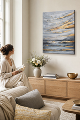 Maľovaný obraz na stenu OBLOHA 90x110 cm – ručne maľovaný obraz v elegantnom interiéri (Window reading) | wall mockup | premium canvas | Papilora.sk