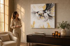 Maľovaný obraz na stenu OROL 60x60 cm – ručne maľovaný obraz v elegantnom interiéri (Golden hour luxe) | wall mockup | premium canvas | Papilora.sk