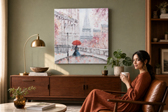 Maľovaný obraz na stenu PARÍŽ 70x70 cm – ručne maľovaný obraz v elegantnom interiéri (Mid-century warm) | wall mockup | premium canvas | Papilora.sk