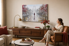 Maľovaný obraz na stenu PARÍŽ 90x60 cm – ručne maľovaný obraz v elegantnom interiéri (Mid-century warm) | wall mockup | premium canvas | Papilora.sk