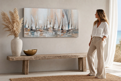 Maľovaný obraz na stenu PLACHETNICE 140x70 cm – ručne maľovaný obraz v elegantnom interiéri (Modern coastal) | wall mockup | premium canvas | Papilora.sk