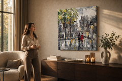 Maľovaný obraz na stenu PRECHÁDZKA 70x70 cm – ručne maľovaný obraz v elegantnom interiéri (Golden hour luxe) | wall mockup | premium canvas | Papilora.sk