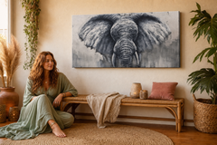 Maľovaný obraz na stenu SLON 140x70 cm – ručne maľovaný obraz v elegantnom interiéri (Bohemian warm) | wall mockup | premium canvas | Papilora.sk