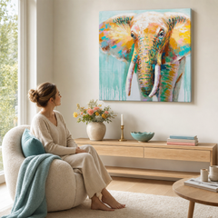 Maľovaný obraz na stenu SLON 70x70 cm – ručne maľovaný obraz v elegantnom interiéri (Scandi neutral) | wall mockup | premium canvas | Papilora.sk