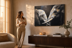 Maľovaný obraz na stenu SLONY 120x80 cm – ručne maľovaný obraz v elegantnom interiéri (Golden hour luxe) | wall mockup | premium canvas | Papilora.sk