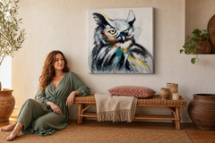 Maľovaný obraz na stenu SOVA 60x60 cm – ručne maľovaný obraz v elegantnom interiéri (Bohemian warm) | wall mockup | premium canvas | Papilora.sk