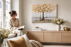 Maľovaný obraz na stenu STROM 120x90 cm – ručne maľovaný obraz v elegantnom interiéri (Window reading) | wall mockup | premium canvas | Papilora.sk