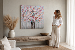Maľovaný obraz na stenu STROM 60x60 cm – ručne maľovaný obraz v elegantnom interiéri (Modern coastal) | wall mockup | premium canvas | Papilora.sk