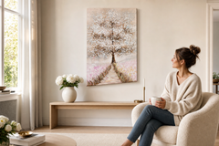 Maľovaný obraz na stenu STROM 60x90 cm – ručne maľovaný obraz v elegantnom interiéri (Scandi cream) | wall mockup | premium canvas | Papilora.sk