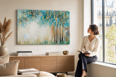 Maľovaný obraz na stenu STROM 90x60 cm – ručne maľovaný obraz v elegantnom interiéri (Window reading) | wall mockup | premium canvas | Papilora.sk