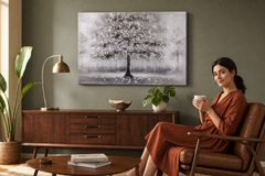 Maľovaný obraz na stenu STROM 90x60 cm – ručne maľovaný obraz v elegantnom interiéri (Mid-century warm) | wall mockup | premium canvas | Papilora.sk
