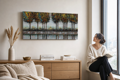 Maľovaný obraz na stenu STROMY 100x50 cm – ručne maľovaný obraz v elegantnom interiéri (Window reading) | wall mockup | premium canvas | Papilora.sk