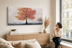 Maľovaný obraz na stenu STROMY 100x50 cm – ručne maľovaný obraz v elegantnom interiéri (Window reading) | wall mockup | premium canvas | Papilora.sk
