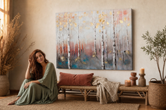 Maľovaný obraz na stenu STROMY 100x80 cm – ručne maľovaný obraz v elegantnom interiéri (Bohemian warm) | wall mockup | premium canvas | Papilora.sk