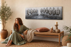Maľovaný obraz na stenu STROMY 150x50 cm – ručne maľovaný obraz v elegantnom interiéri (Bohemian warm) | wall mockup | premium canvas | Papilora.sk