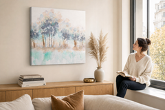 Maľovaný obraz na stenu STROMY 60x60 cm – ručne maľovaný obraz v elegantnom interiéri (Window reading) | wall mockup | premium canvas | Papilora.sk