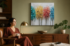 Maľovaný obraz na stenu STROMY 60x60 cm – ručne maľovaný obraz v elegantnom interiéri (Mid-century warm) | wall mockup | premium canvas | Papilora.sk