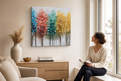 Maľovaný obraz na stenu STROMY 60x60 cm – ručne maľovaný obraz v elegantnom interiéri (Window reading) | wall mockup | premium canvas | Papilora.sk