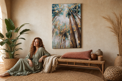 Maľovaný obraz na stenu STROMY 60x90 cm – ručne maľovaný obraz v elegantnom interiéri (Bohemian warm) | wall mockup | premium canvas | Papilora.sk