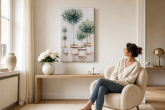 Maľovaný obraz na stenu STROMY 60x90 cm – ručne maľovaný obraz v elegantnom interiéri (Scandi cream) | wall mockup | premium canvas | Papilora.sk