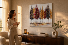 Maľovaný obraz na stenu STROMY 70x70 cm – ručne maľovaný obraz v elegantnom interiéri (Golden hour luxe) | wall mockup | premium canvas | Papilora.sk