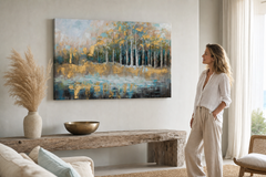 Maľovaný obraz na stenu STROMY 90x60 cm – ručne maľovaný obraz v elegantnom interiéri (Modern coastal) | wall mockup | premium canvas | Papilora.sk
