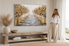 Maľovaný obraz na stenu STROMY 90x60 cm – ručne maľovaný obraz v elegantnom interiéri (Modern coastal) | wall mockup | premium canvas | Papilora.sk