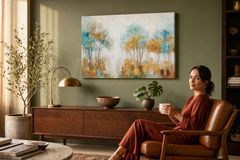 Maľovaný obraz na stenu STROMY 90x60 cm – ručne maľovaný obraz v elegantnom interiéri (Mid-century warm) | wall mockup | premium canvas | Papilora.sk