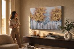 Maľovaný obraz na stenu STROMY 90x60 cm – ručne maľovaný obraz v elegantnom interiéri (Golden hour luxe) | wall mockup | premium canvas | Papilora.sk