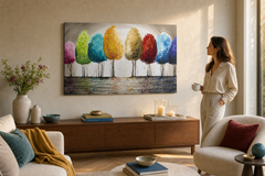 Maľovaný obraz na stenu STROMY – ručne maľovaný obraz v elegantnom interiéri (Golden hour luxe) | wall mockup | premium canvas | Papilora.sk