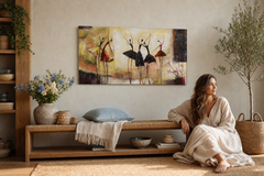 Maľovaný obraz na stenu TANEČNICE – ručne maľovaný obraz v elegantnom interiéri (Bohemian warm) | wall mockup | premium canvas | Papilora.sk