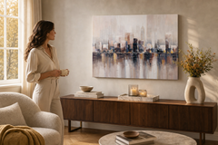 Maľovaný obraz na stenu VEĽKOMESTO 120x90 cm – ručne maľovaný obraz v elegantnom interiéri (Golden hour luxe) | wall mockup | premium canvas | Papilora.sk