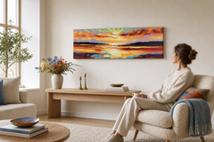 Maľovaný obraz na stenu ZÁPAD SLNKA  150x50 cm – ručne maľovaný obraz v elegantnom interiéri (Scandi neutral) | wall mockup | premium canvas | Papilora.sk