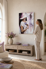 Maľovaný obraz na stenu ŽENA 1 dielny – ručne maľovaný obraz v elegantnom interiéri (Modern coastal) | wall mockup | premium canvas | Papilora.sk