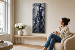 Maľovaný obraz na stenu ŽENA 50x120 cm – ručne maľovaný obraz v elegantnom interiéri (Scandi cream) | wall mockup | premium canvas | Papilora.sk
