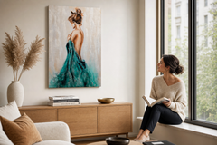 Maľovaný obraz na stenu ŽENA 60x90 cm – ručne maľovaný obraz v elegantnom interiéri (Window reading) | wall mockup | premium canvas | Papilora.sk